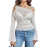 Avidlove Mesh Top for Women Long Sleeve Off The Shoulder Tops Sexy Clubwear Outfits Rhinestone Shirts S-XXL
