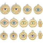 Beebeecraft 14Pcs 7 Styles Evil Eye Charms 18K Gold Plated 304 Stainless Steel Round Hand Rectangle Shape Evil Eye Charm for Jewelry Making DIY Crafts Necklace