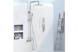 RBROHANT Outdoor Shower, Wall Mount Outdoor Shower Kit, Outside Shower Faucet with Height Adjustable Rain Shower and Handheld, Exposed Shower System for Pool, Wall Mounted, Polished Chrome, JK0146