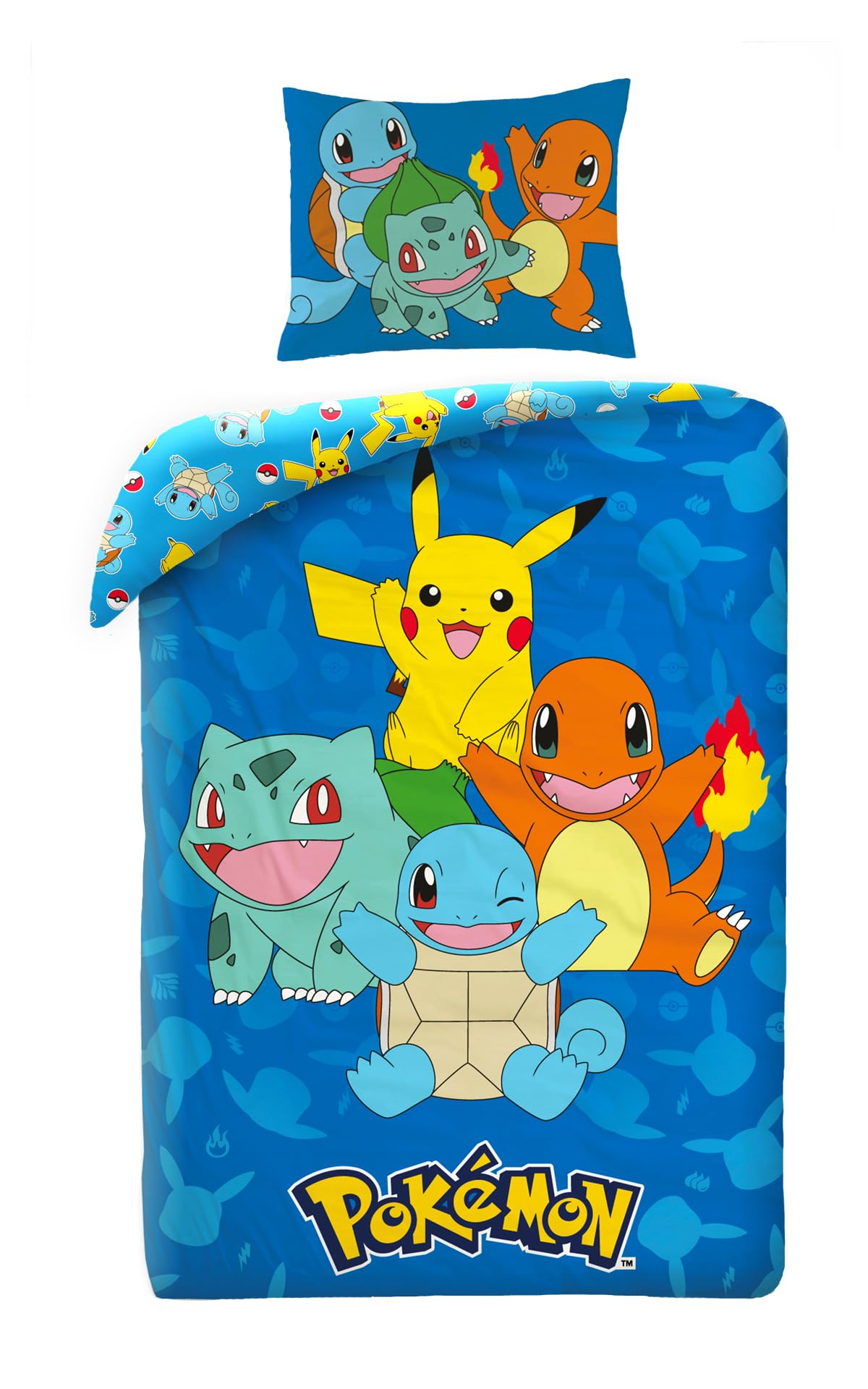 Pokemon Bedding Set with Pikachu, Charmander, Squirrel and Bulbasarre, Duvet Cover 140 x 200 cm + Pillowcase 65 x 65 cm, Blue