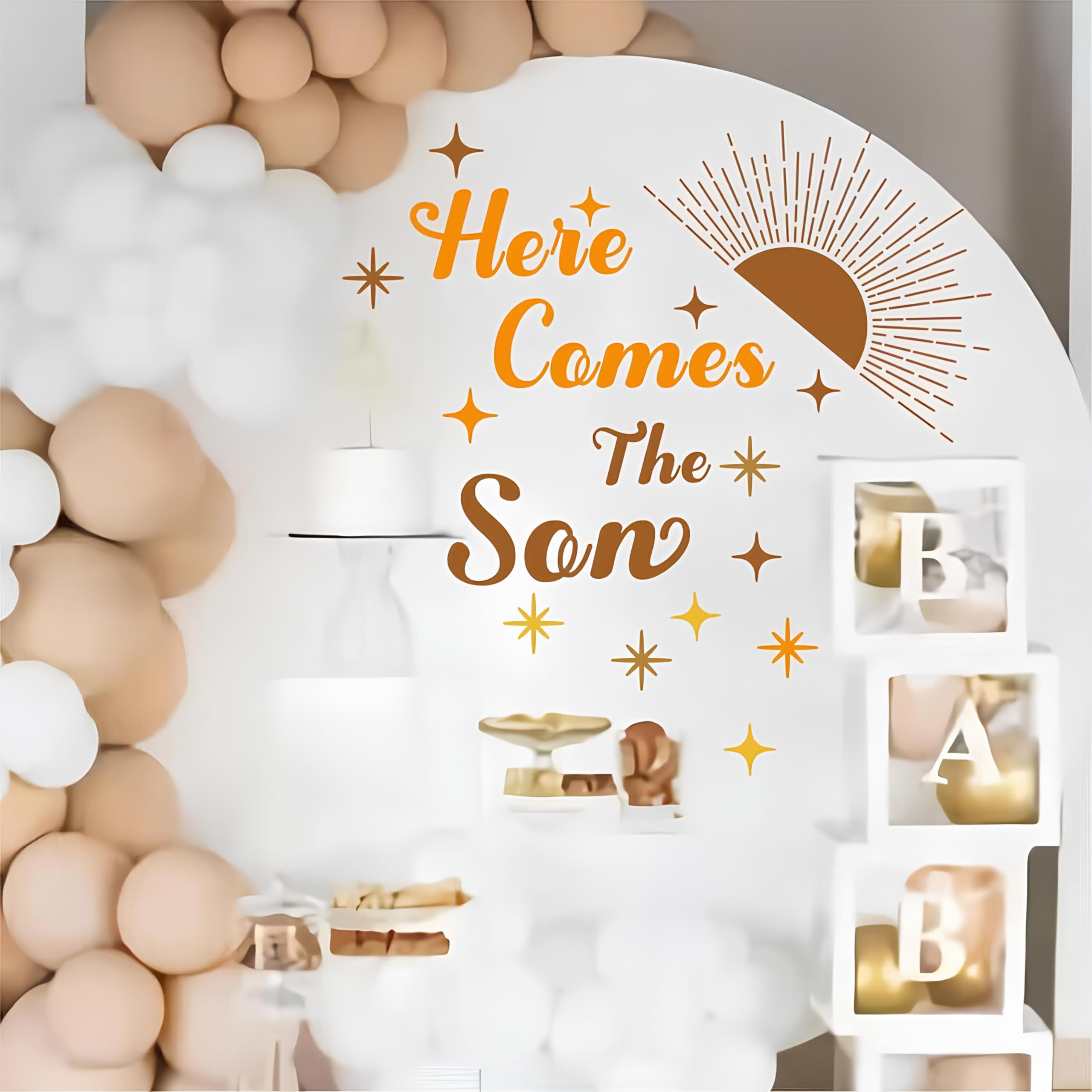 MOSITU Baby Shower Decals 19 Pcs Here Comes the Son Stickers for Boy Gender Reveal Party Backdrop Balloon Arch Decor Welcome Baby Boy Supplies