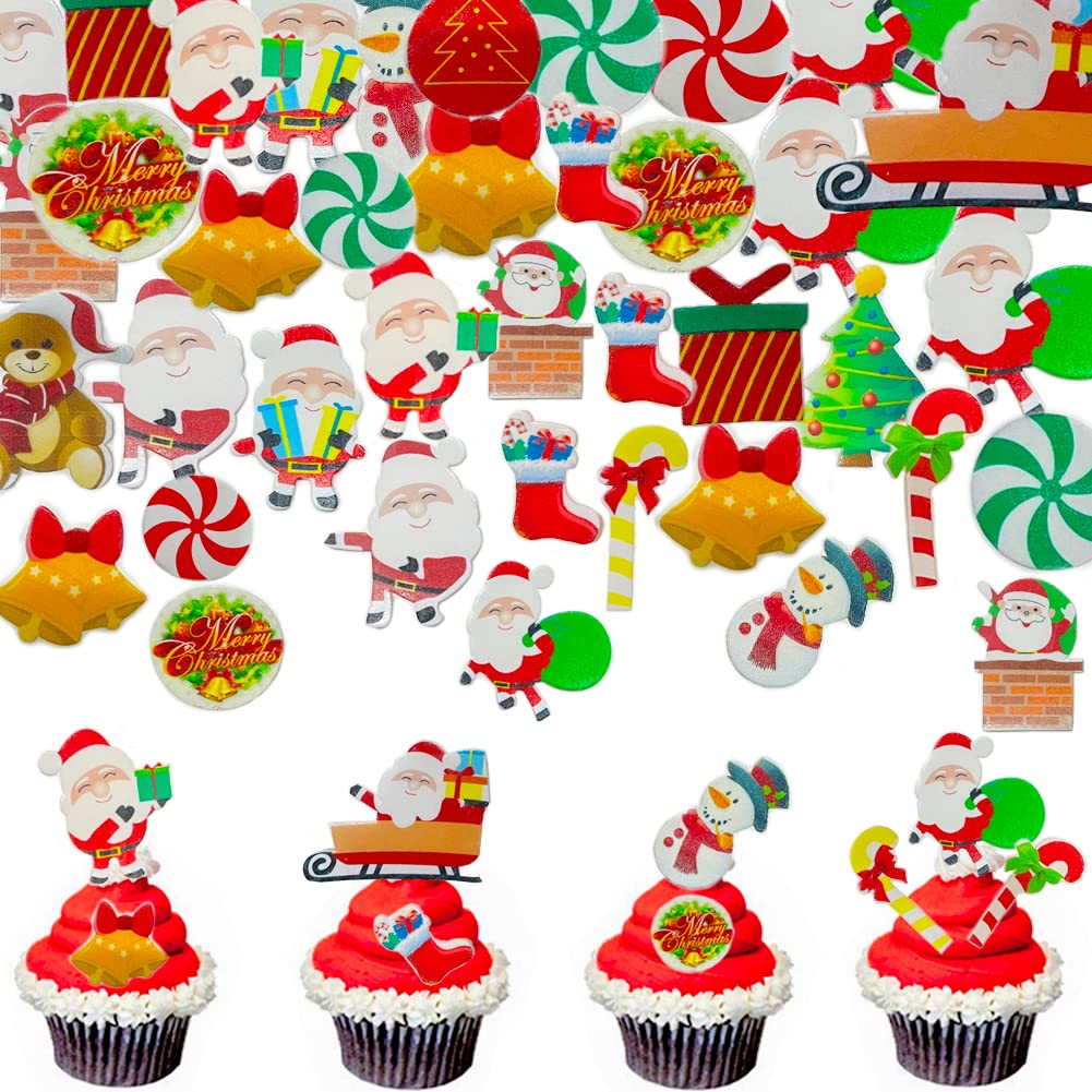 Morofme 300pcs Edible Christmas Cake Cupcake Decoration, Edible Christmas Cake Cupcake Toppers Wafer Paper, Santa Clause Xmas Tree Snowman Holiday Decor for Theme Party