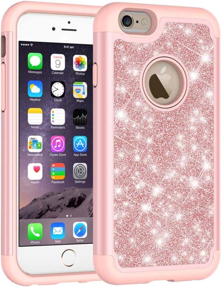 Iphone 6s Case, Iphone 6 phone Case, Cute Girls Women Design Defender Case Bling Glitter Sparkle Hard Shell Armor Hybrid Shockproof Rubber Bumper Cover for Apple iphone 6s and iphone 6 - Rose Gold