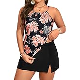 Yonique Women Two Piece Plus Size Tankini with Skirt Tummy Control Bathing Suits High Neck Swimsuits