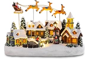 taman Christmas Village Collectible Buildings, Santa Claus Riding The Sleigh with 3-Elk Warm Light Christmas Ornaments for Christmas Holiday Decorations