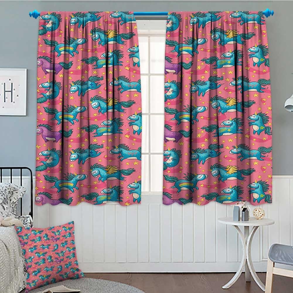 Magic Home Decor Collection Thermal Insulating Blackout Curtain Mythical Flying Unicorns with Wings Rainbows and Stars Pattern Nursery Themed Girls Room Patterned Drape For Glass Door 52"x63" Multi