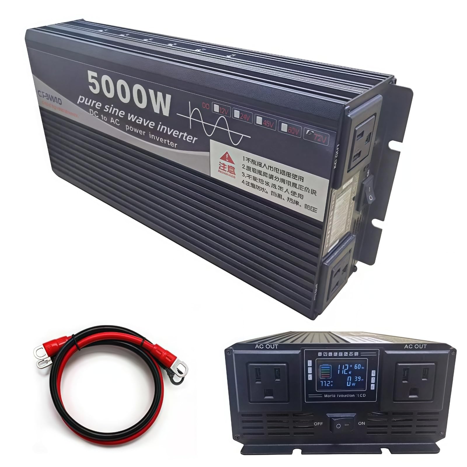 Photo 1 of *** NO POWER CABLE *** 5000W Power Inverter 12V DC to 110V AC Converter with LED Display Dual AC Outlets Dual Fans Radiating for RV, Camp, Boat and Home Emergency Portable Pure Sine Wave Inverter (Smart Screen, 5000W 12V)
