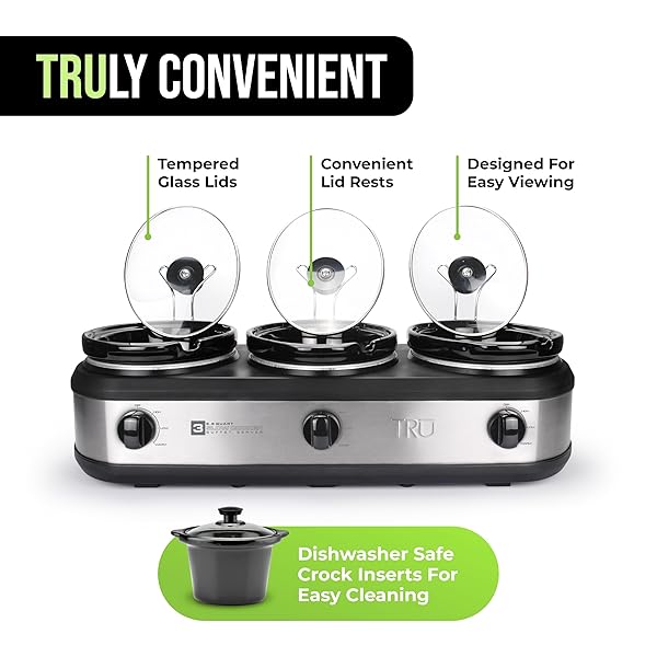 TRU TRIPLE BUFFET SERVER – THREE 2.5 QUART REMOVABLE CROCK INSERTS – SLOW COOKER & FOOD WARMER WITH INDIVIDUAL HEAT CONTROL – INCLUDES LID RESTS & SERVING SPOONS