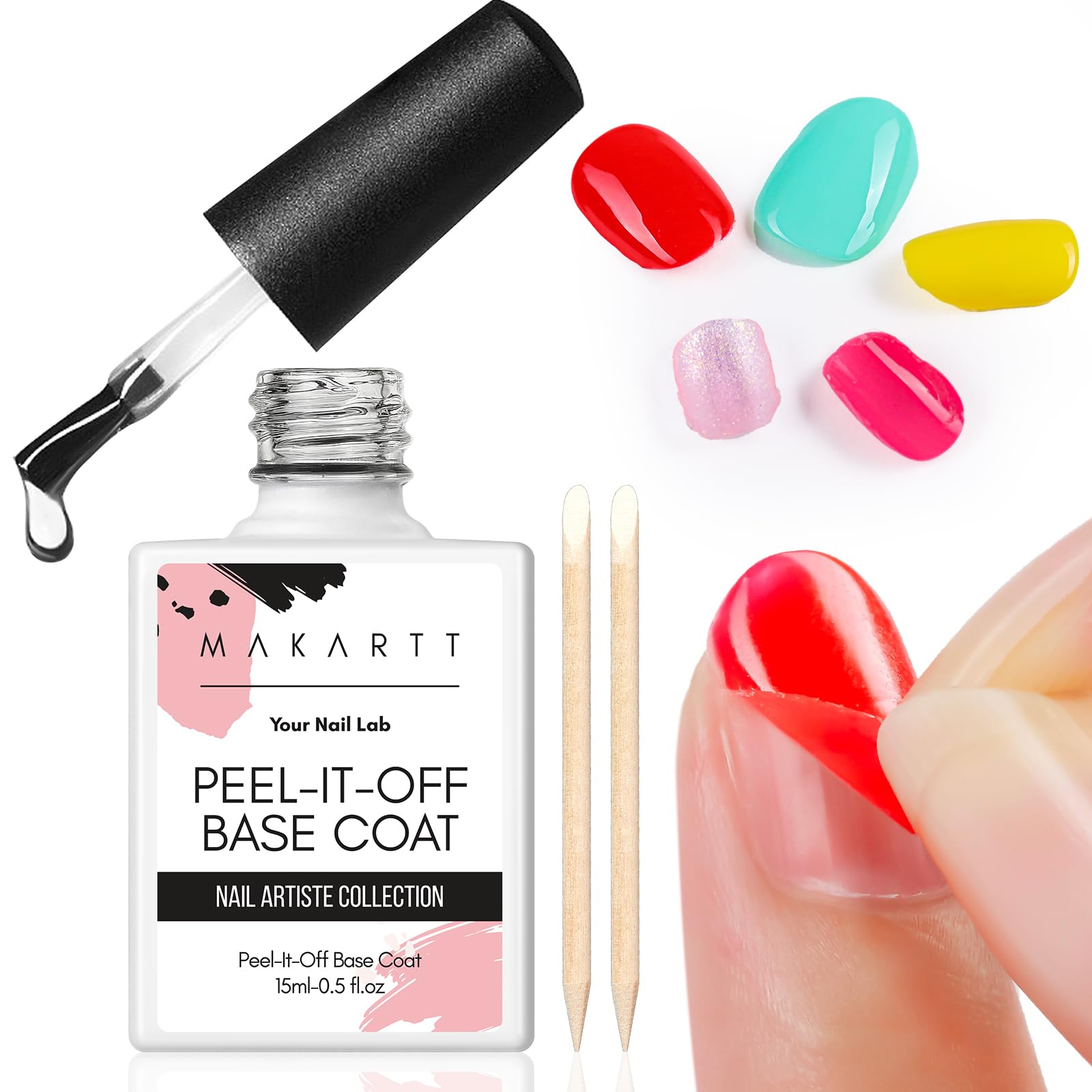 Makartt Peelable Base Coat -15ML Peel off Clear Nail Coat with 2 Wooden Stick, Easy Removal Gel Base Coat for Nail Art Beginners,UV Lamp Required, Ideal for DIY Home Manicure Salon Use — image 1