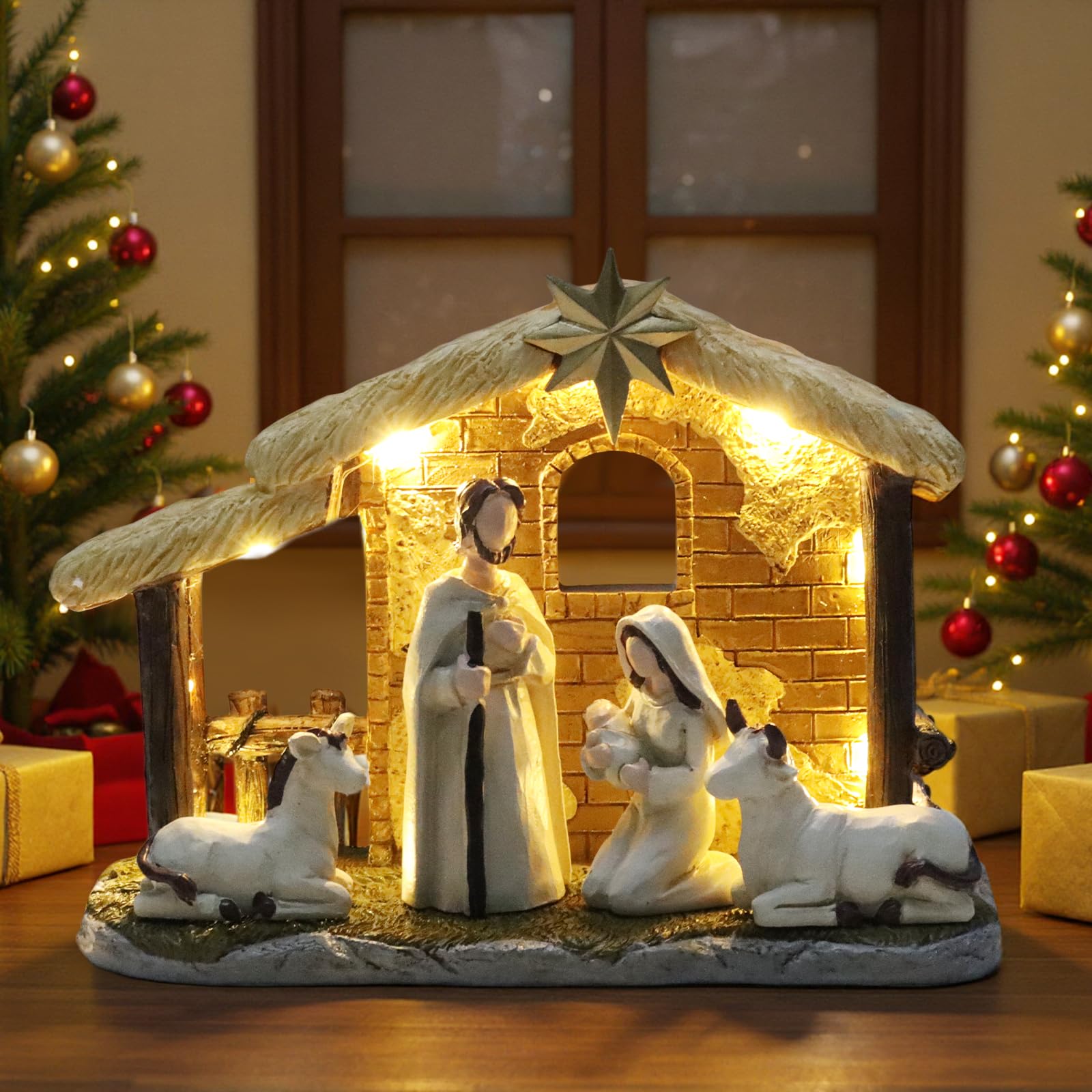 Hebaogugu Christmas Nativity Set, 2025 Xmas Nativity Scenes with Light, Handmade Resin The Jesus of Birth Tabletop Scene for Home Decor (Medium,5pcs)