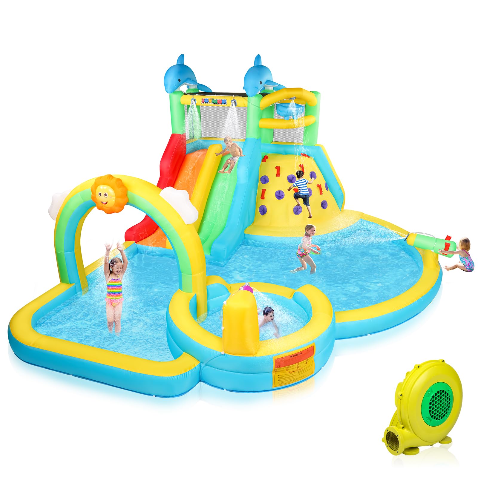 Photo 1 of (2025 New) JOYMOR Inflatable Water Slide Bounce House w/Water Bucket, Climbing Wall, Pool, Rainbow Sprinklers, 1min Blow Up Water Slide 10-in-1 for Kids w/Strong Blower, Carrying Bag