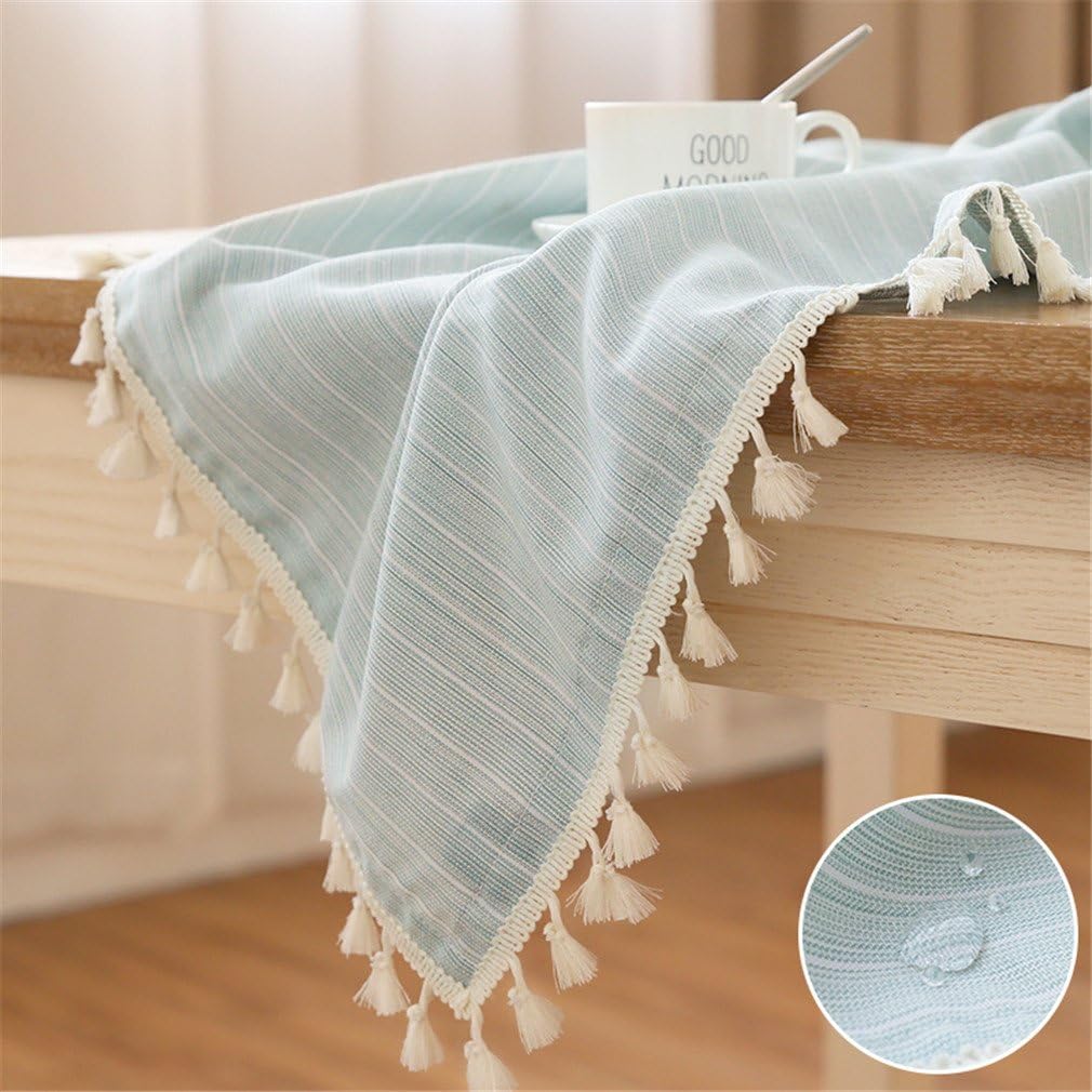 LUCKYHOUSEHOME Green and White Stripe Tassel Rectangular Tablecloth Waterproof Rural Home Kitchen Dinning Tabletop Table Cover 55 x 78 Inch