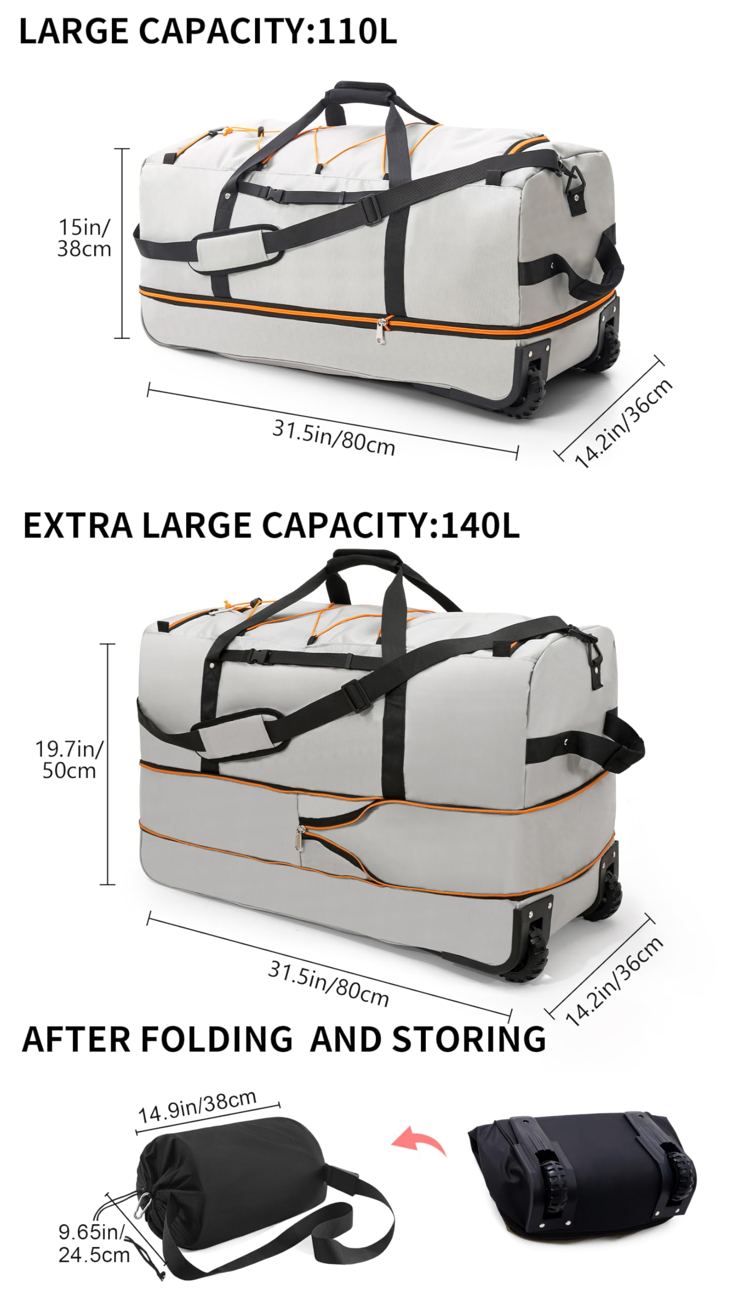 CONTAIL 32”110L Expandable 140L Rolling Duffle Bag with 2 Inline Wheels,Convertible Weekend Travel Bag with Bungee-Cord System,Grey