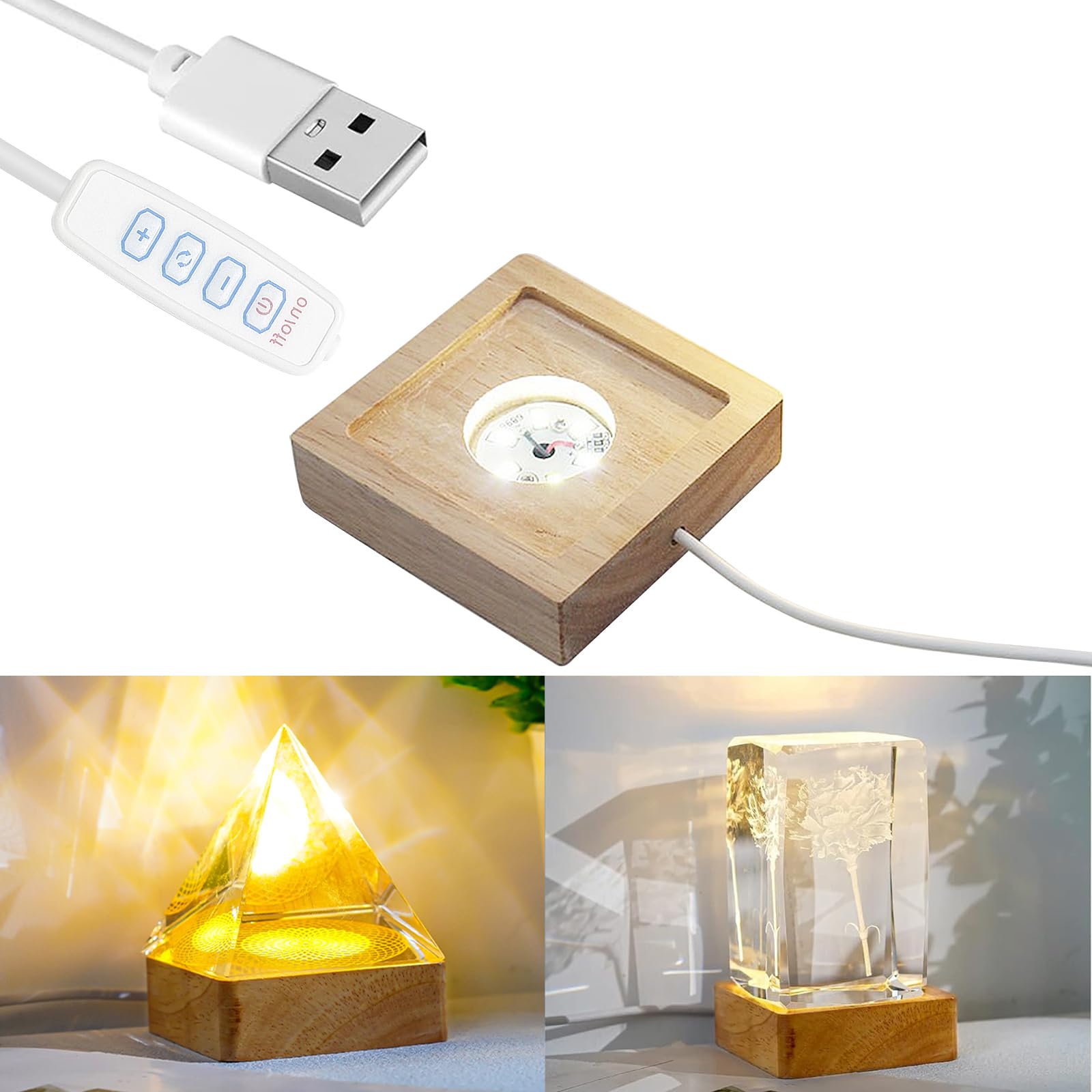 MeYuxg Wooden Light Base, Square Crystal Display Base, Ornament Display, Wooden Base, USB Rechargeable for Crystal, Acrylic and Resin Works, 3 Colour Light