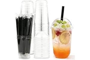 50 Sets 16 oz Clear Plastic Cups with Lids and Straws Iced Coffee Cups Disposable Slushie Cups with Dome Lids Round Bottom to