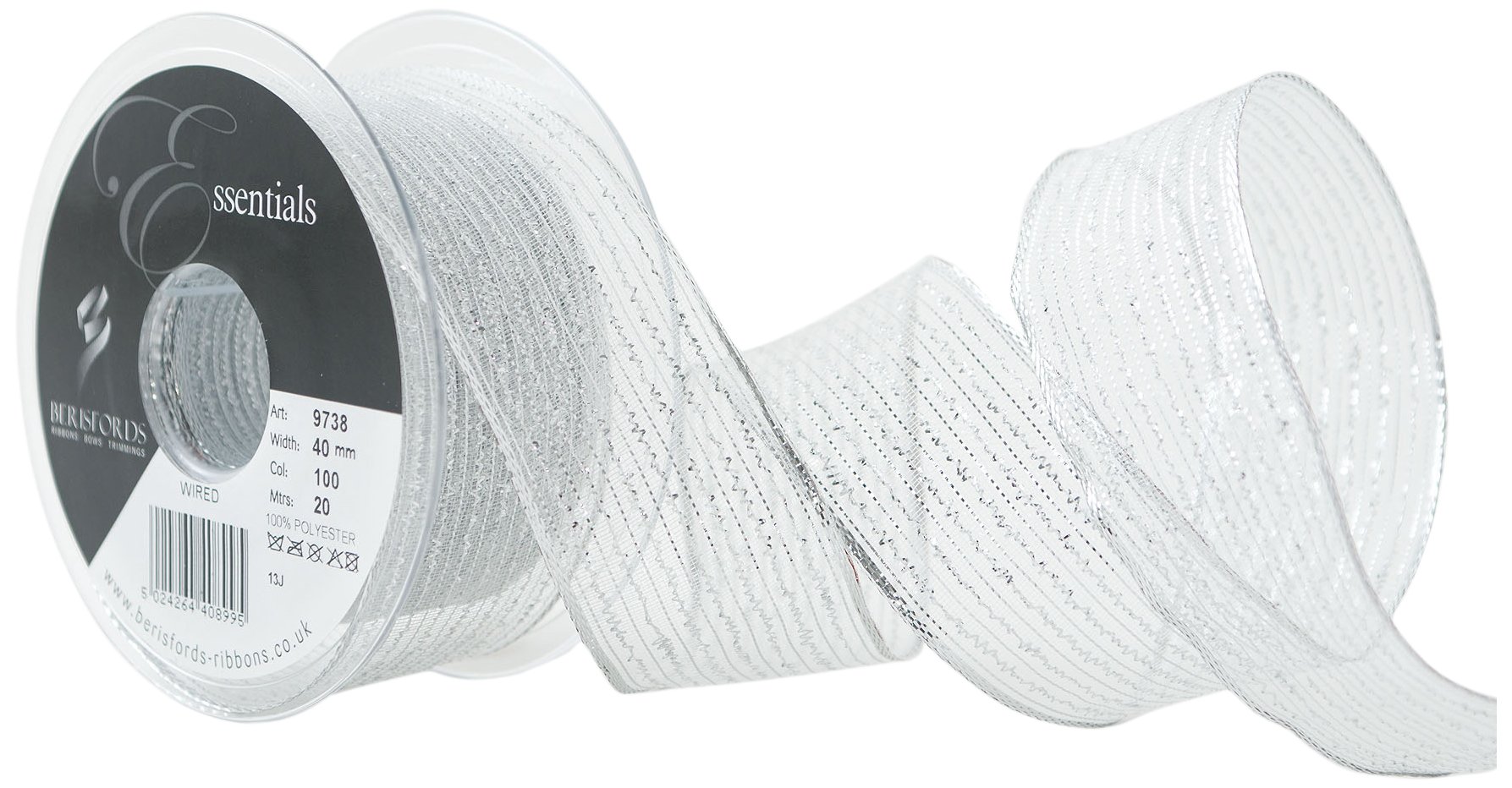 Berisfords 40 mm Wired Tinsel Mesh Ribbon, Silver