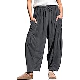 TARSE Womens Corduroy Pants Barrel Casual Loose Baggy Drawstring Wide Leg Palazzo Harem Pants with Pockets