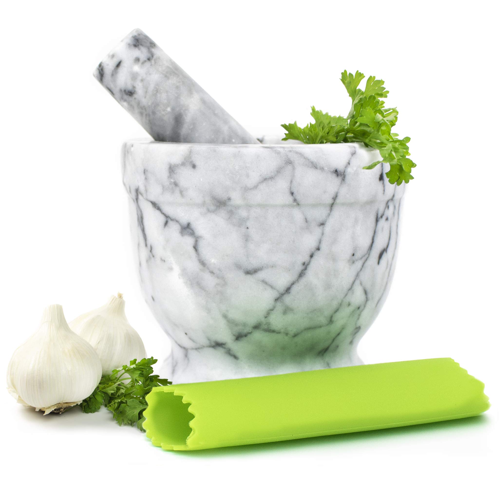 Marble Mortar and Pestle Set - Beautiful Polished White and Grey Veined Marble Mortar and Pestle Set with Garlic Peeler and Anti Scratch, Anti Skid Protective Pad