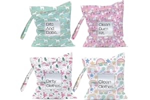 JRHUNG 4Pcs Cloth Diapers Wet Dry Bag, Wet Bag, Diaper Bag Organizer, Dry Bags Waterproof, Travel Laundry Beach Daycare Pool Yoga Gym Bag for Swimsuits Dirty Wet Clothes, Unicorn Flamingo Rainbow Patterns