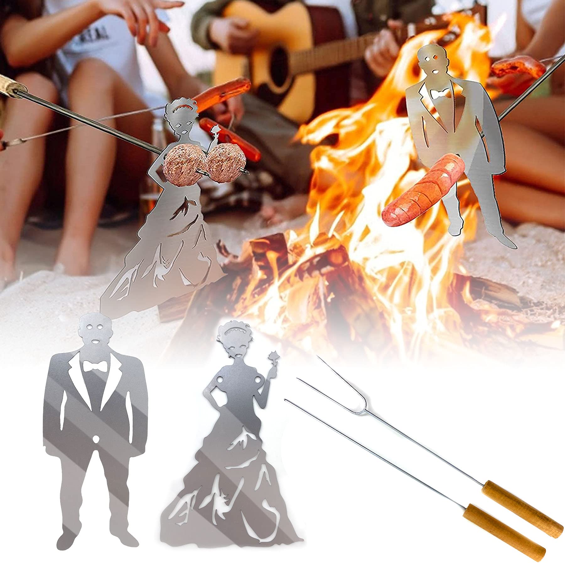 Zariocy Steel Hot Dog Fork Marshmallow Roasting Sticks with Wooden Handle and Stainless Steel Sticks Funny Women Men Shaped Reusable Metal Craft Barbecue Forks for Campfire Firepit and Sausage BBQ