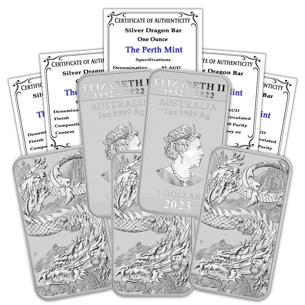 2023 P Lot of (5) 1 oz Australian Silver Dragon Rectangular Bar Coins Brilliant Uncirculated with Certificates of Authenticity $1 Seller BU