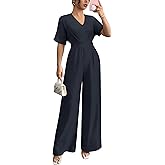 LOOKBOOK Womens Jumpsuit V Neck Batwing Sleeve Belted High Waist Wide Leg Romper with Pockets One Piece Casual Outfits Navy L