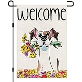 Welcome Spring Flower Garden Flag 12x18 Inch Double Sided Burlap Outside, Seasonal Floral Dog Sign Yard Farmhouse Outdoor Decor DF239