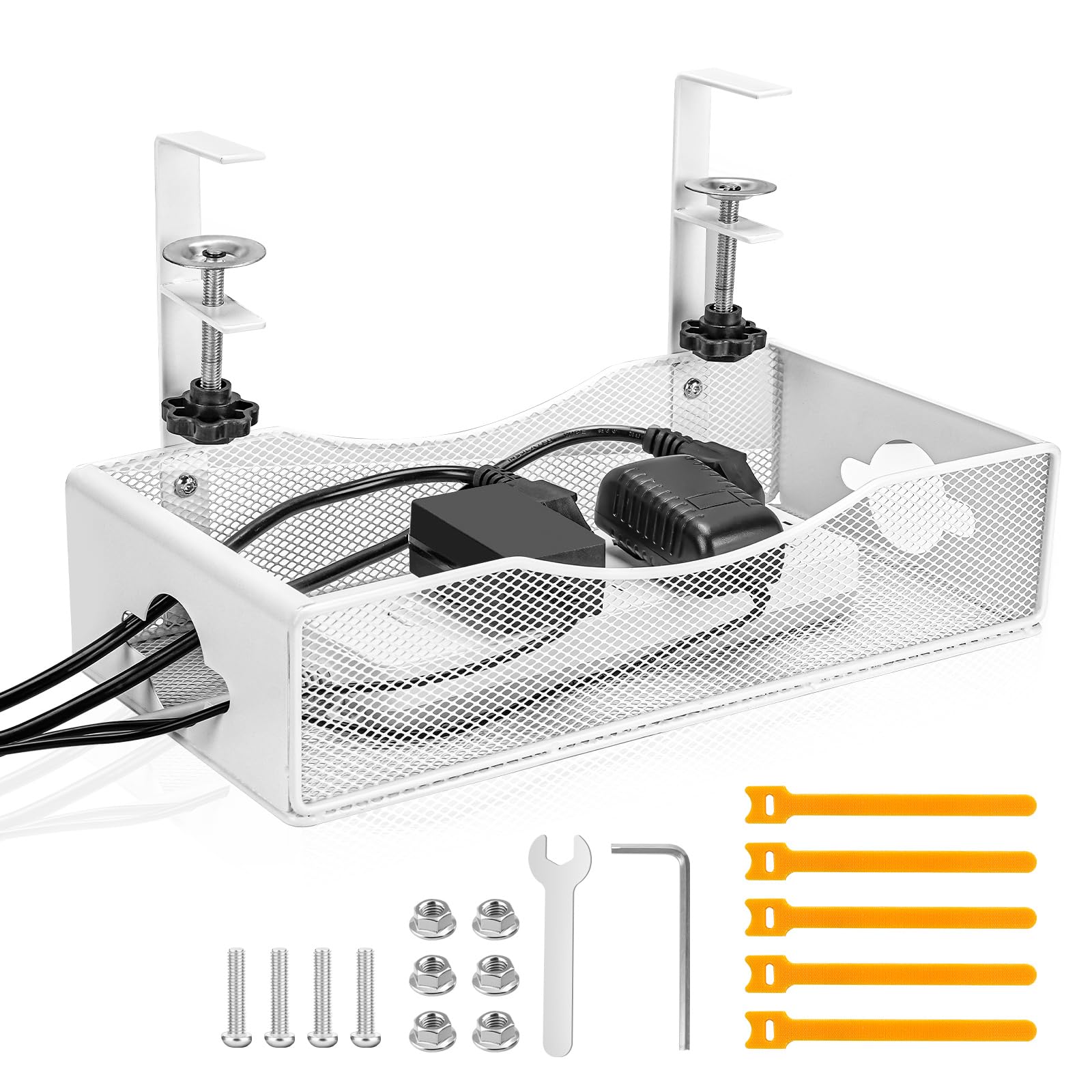 Photo 1 of Extra Wide Under Desk Cable Management - No Drill Installation Cable Management Tray, Modern Cord Organizer for Office/Home Desk, Fits Power Strips & Wires((White, XL)