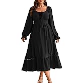 RWJ Women's Plus Size Fall Dresses Long Sleeve Square Neck Flowy Lace Trim Flutter Wedding Guest Party Casual Dress