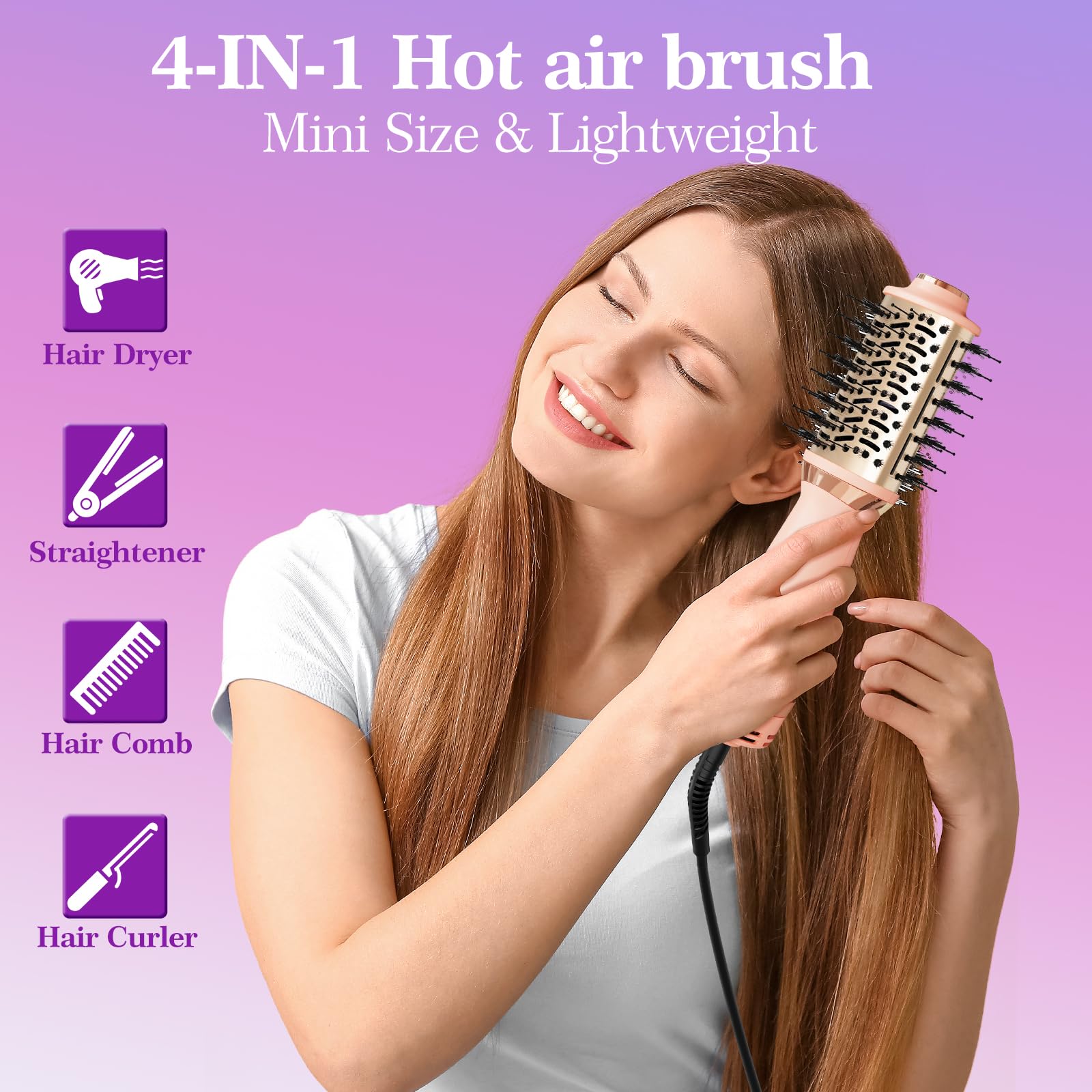 Hair Dryer Brush Blow Dryer Brush in One, 4-in-1 Hair Dryer Brush Blow Dryer with Oval Barrel, Mini Hot Air Brush for All Hair Types(Pink)