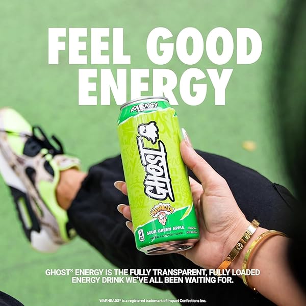 GHOST ENERGY DRINK – 12-PACK, WARHEADS SOUR GREEN APPLE, 16OZ – ENERGY & FOCUS & NO ARTIFICIAL COLORS – 200MG OF NATURAL CAFFEINE, L-CARNITINE & TAURINE – GLUTEN-FREE & VEGAN