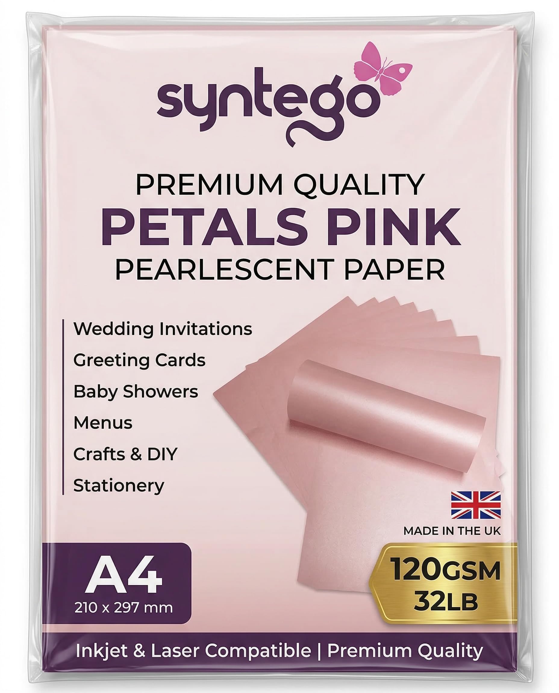 Premium Pearlescent Paper A4 (8.27 x 11.7”) 120gsm (32lb Bond) – Shimmer Cardstock Sheets for Inkjet & Laser Printers – Ideal for Certificates, Invitations, Menus & Crafts (50, Petals Pink)
