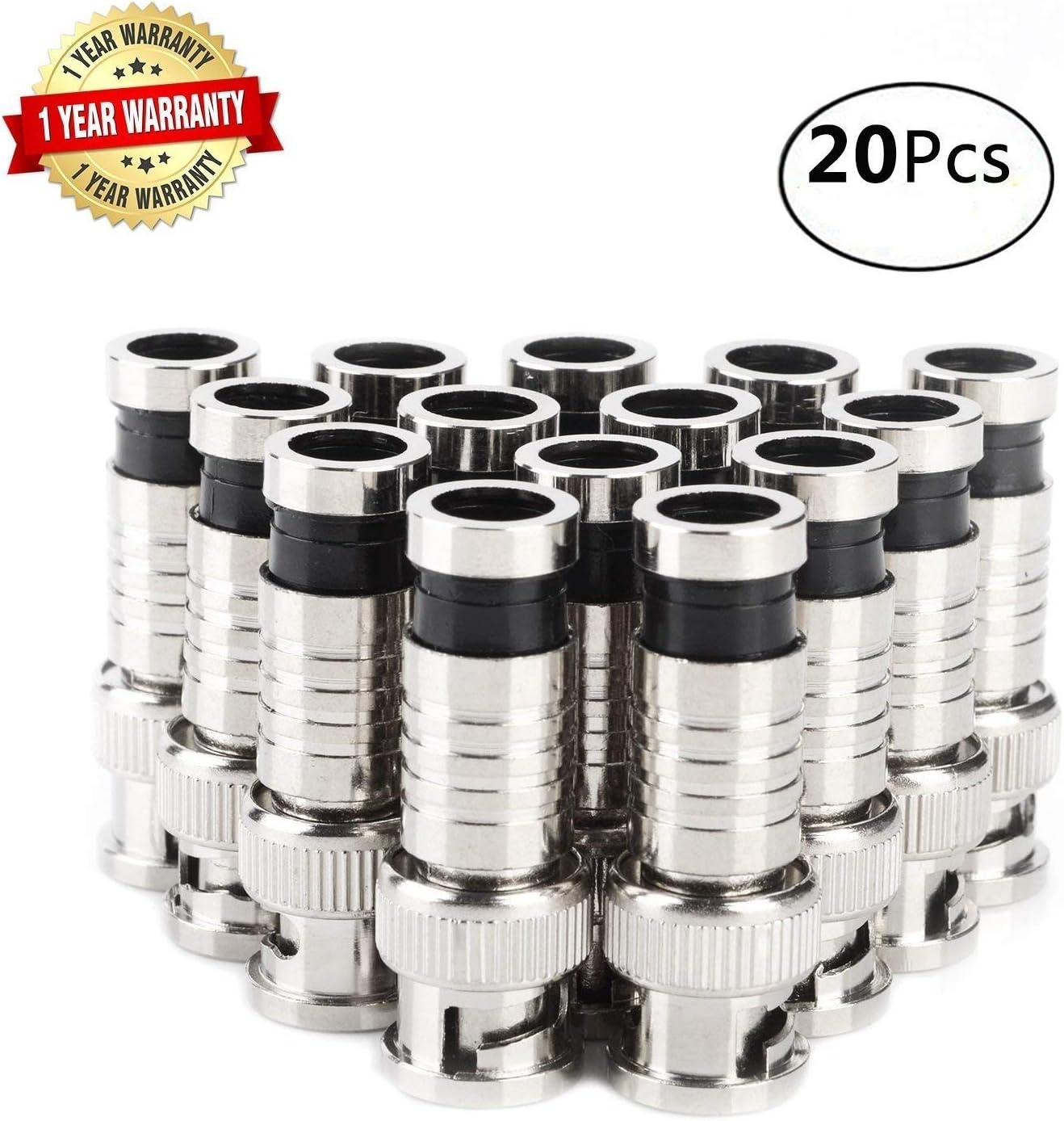 RG59 BNC Compression Connector,Coax Male Adapter Plug,75 Ohm Nickel Plated Plug Extension Coaxial Cable with Fitting Pin Fixed Copper in Inside for CCTV Security Video System Accessories 20Pcs of Pack