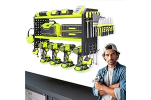 KAFAHOM Tool Organizer Wall Mount,Drill Holder with 2 Side Pegboards, Tool Shelf with 12 Hooks,Tool Storage Rack,Utility Cordless Drill Shelves-Green