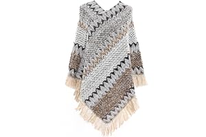 Jdlsppl Women's Poncho Sweater Zig Zag Knit Mexican Poncho Wrap Fall Hippie Soft Fringe Crochet Shawl Asymmetrical Cape