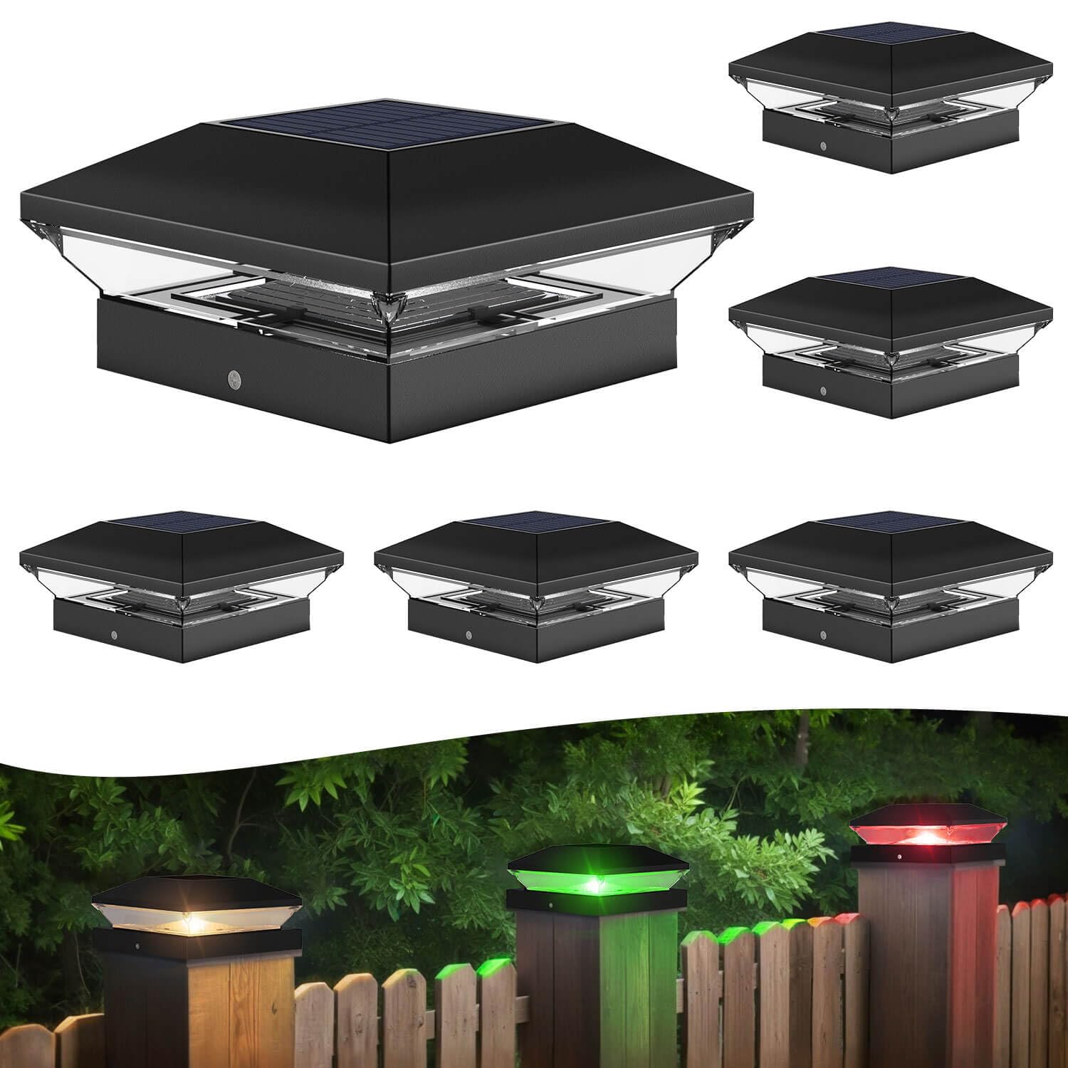 Photo 1 of T-SUN Solar Post Cap Lights with Auto-Change Colors- for Wooden (4x4/6x6) & Vinyl (4x4/5x5) Posts | Weatherproof Outdoor Solar Fence Post Lights for Deck, Porch, Garden & Stairs(6-Pack,RGB)