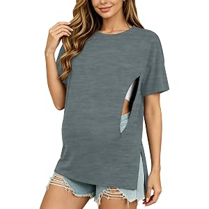 Plus Size Maternity Shirt for Women Side Zip Summer Breastfeeding Pregnancy T Shirts Short Sleeve Soft Nursing Tops