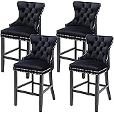 Bar Stools Set of 4, Velvet 26" Kitchen Island Stools, Button Tufted, Black | Upholstered Counter Height Stools, Comfortable Backrest and Seating, Durable Metal Pulls, Sturdy Wood Legs