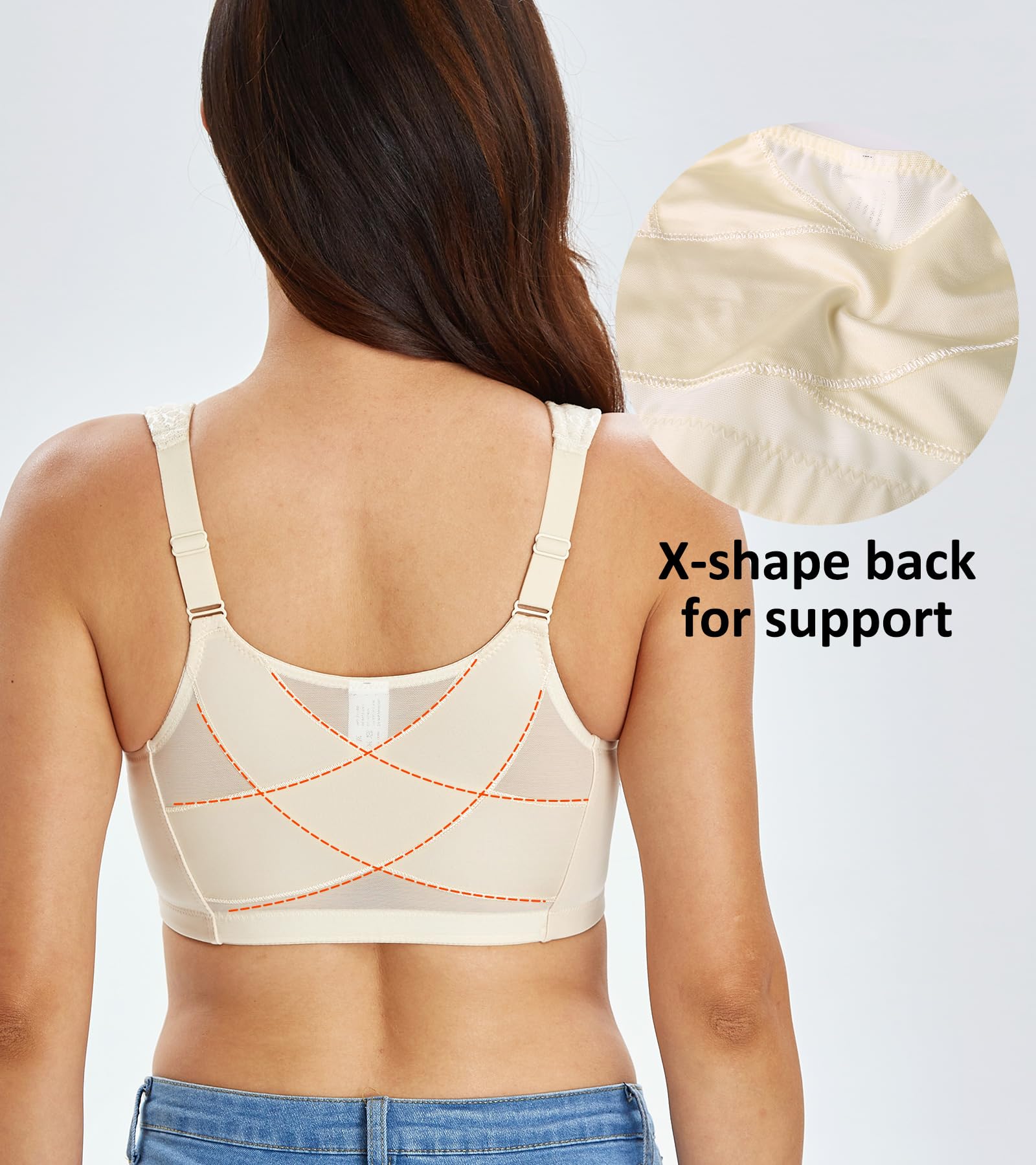 Condition photo showing As Is for lemorosy women's plus size front closure posture back unlined wireless bra | double support, full coverage, minimizer, unpadded 38c beige