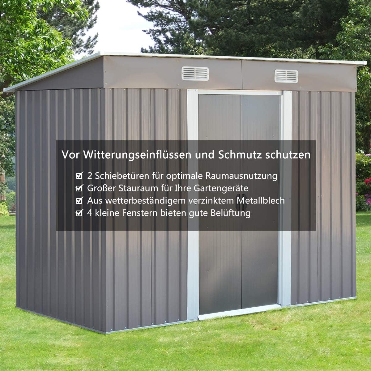 Costway Metall Geratehaus Gartenhaus Gerateschuppen Metallgeratehaus Gerateschrank Metallschuppen Mit Pultdach Inkl Schiebeturen 238x181x131cm Amazon De Garten