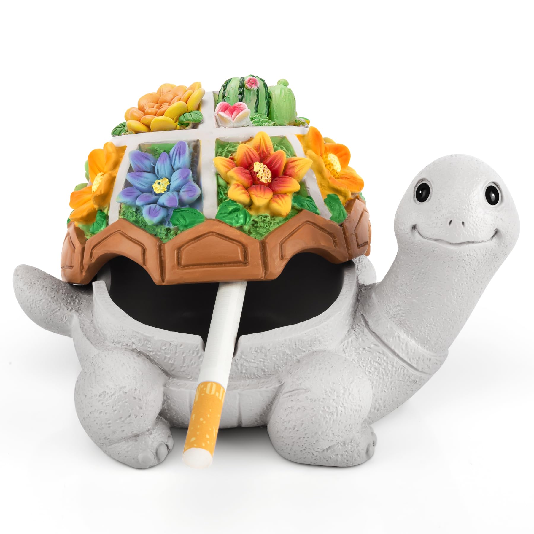 Outdoor Ashtray with Lid Smokeless Waterproof Ash Tray with Cute Turtle Decor, Resin Indoor Ashtray for Cigarettes Home Office, Porch Patio Decorations (Orange)