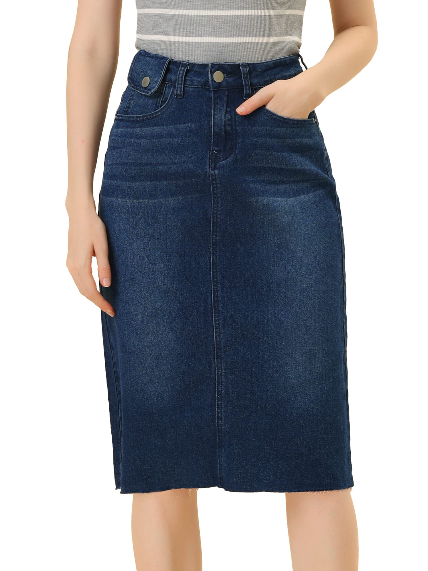 Photo 1 of Allegra K Women's Casual Jean Skirt Back Slit Raw Hem Stretch High Waist Denim Skirts Medium Dark Blue
