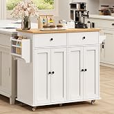 AURINEST Kitchen Island with Storage, 35.4" Rolling Kitchen Island Cart on Wheels with 2 Drawers&amp;Doors, Portable Kitchen Island Cart with Spice Rack&amp;Towel Rack for Small Spaces Dining Room, White