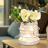 Rustic Home Décor Vase, Artificial Flowers Glass Jar, Farmhouse Décor Vintage Styled Rusted Lantern Decor with Plants and LED Strings, Hanging Lantern Home Kitchen Centerpiece Table Décor White