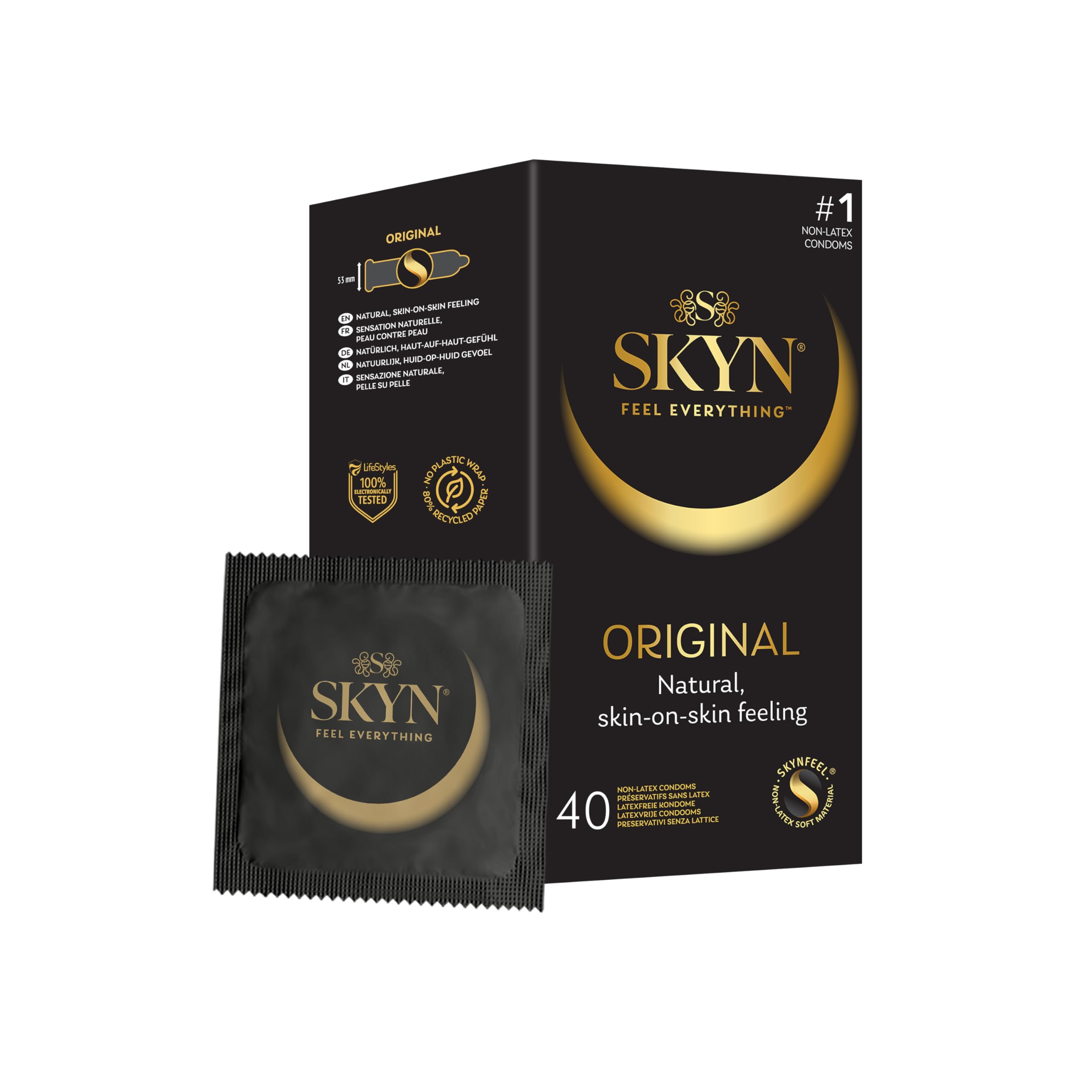 SKYN Original Condoms, Pack of 40, SKYNFEEL Latex Free Condoms for Men, Regular Size, Strong & Thin, Smooth Straight Shape, Lubricated, 53mm Wide
