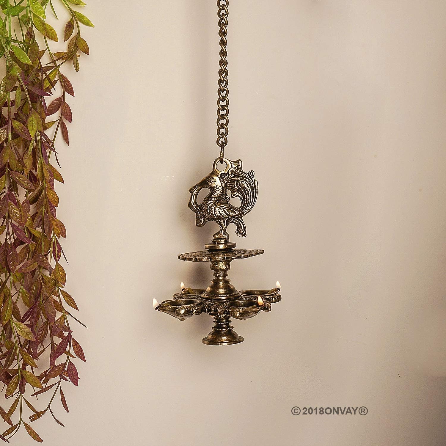ONVAY Brass Hanging Peacock Deepak (height : 4.5 x 4.5 x 6 inch length :15 inch, Brown)