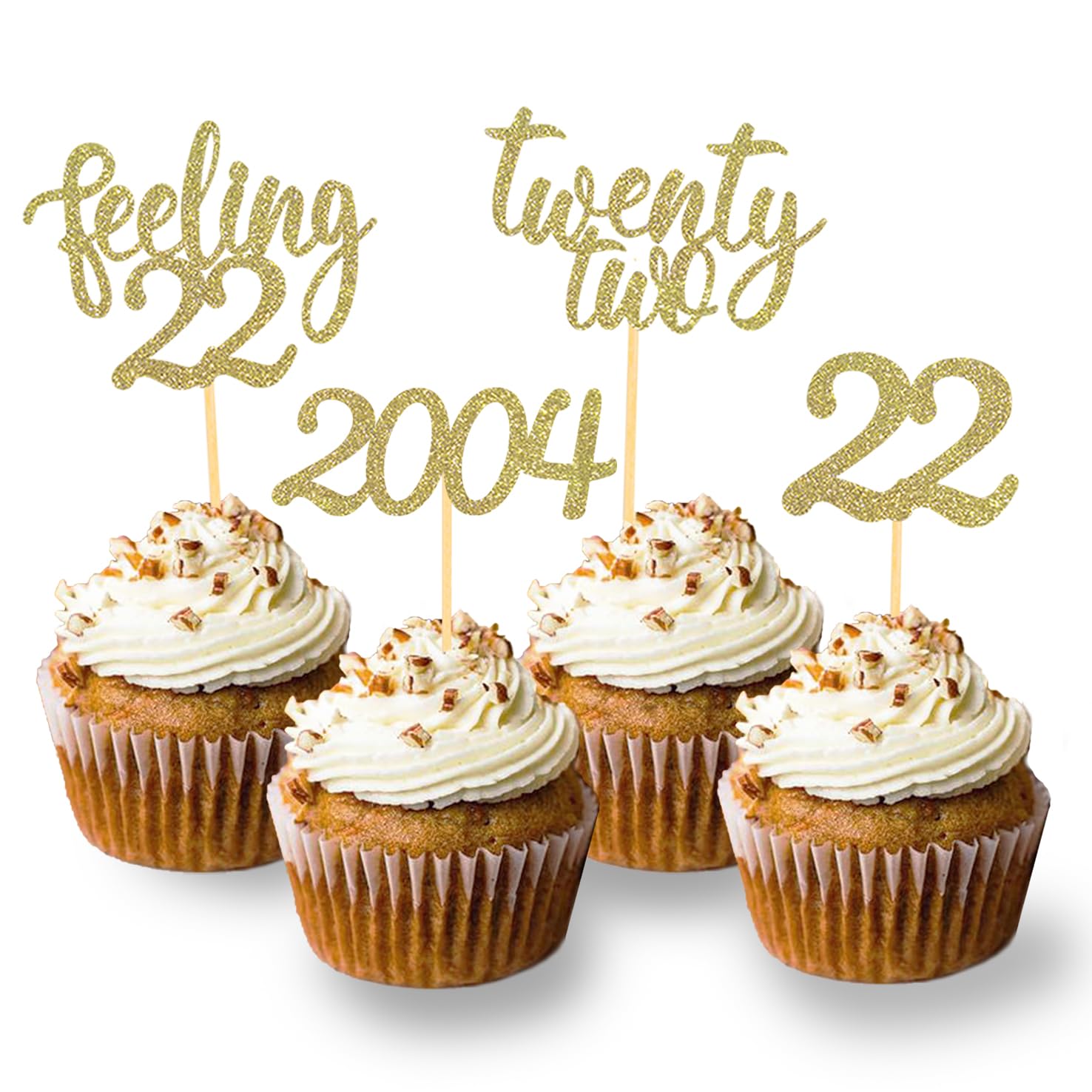 Photo 1 of 24pcs Feeling 22 Cupcake Toppers, Twenty Two Birthday Cake Decorations, Cheer to 22 Years Old Theme Party Decoration Supplies (Gold)