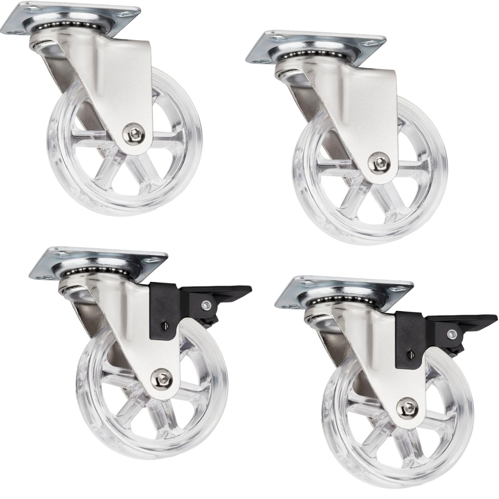 Set of 4 x SO-TECH® Swivel Castor Furniture Wheel Colour Transparent Ø 75 mm 2 x with Brake 2 x Without Brake