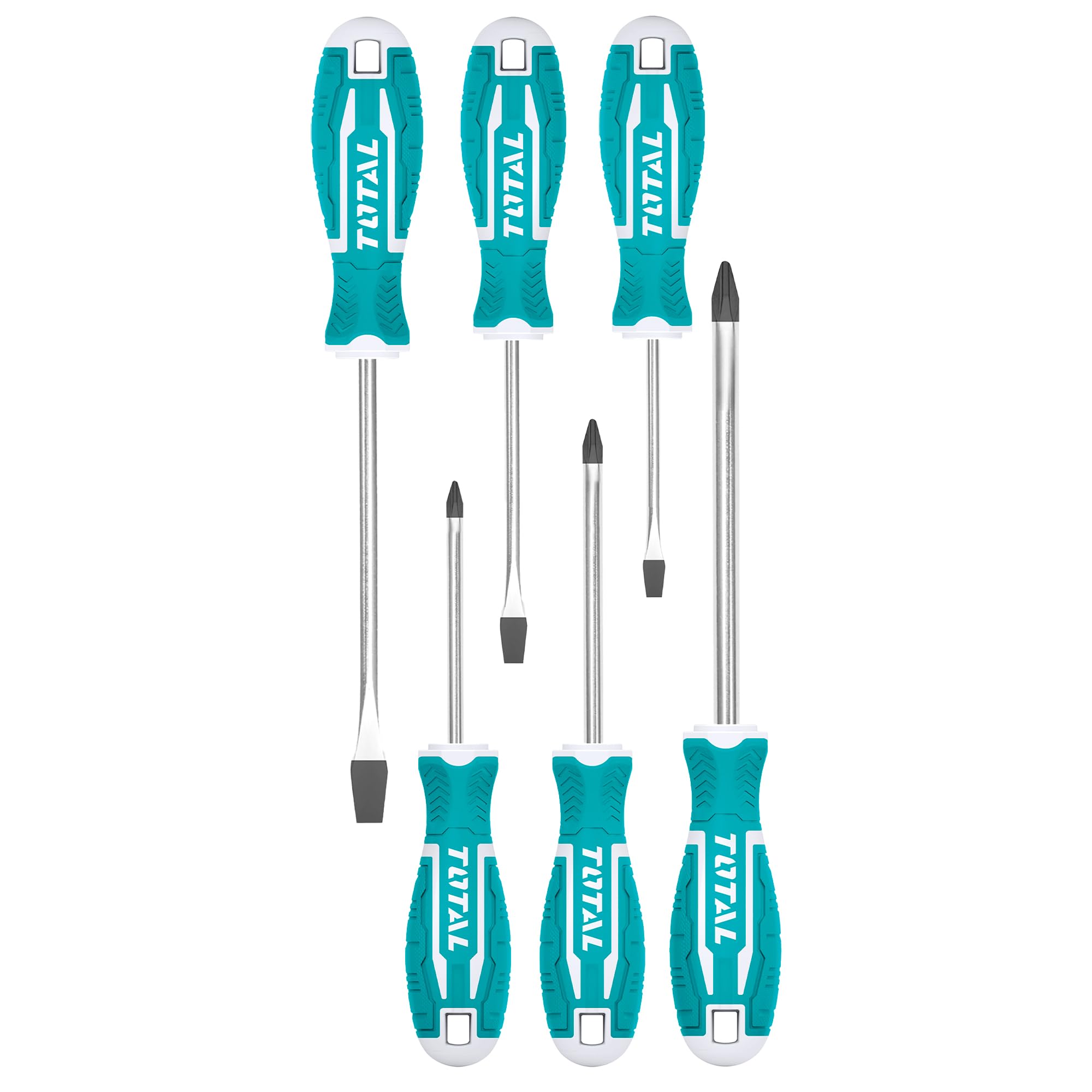 TOTAL - Set of 6 Screwdrivers with Magnetic Tips | 3 Flathead and 3 Phillips | Round Shaft | Ergonomic Bi-Material Handle | Steel