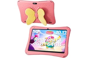 Naclud 10 Inch Tablet for Kids, Android 13 Kids Tablet with Kids Case, 4GB RAM 64GB ROM, 1280 * 800 Display, 5000mAh, Dual Camera, Kidoz Pre Installed, WiFi, Yellowish Butterfly Handle
